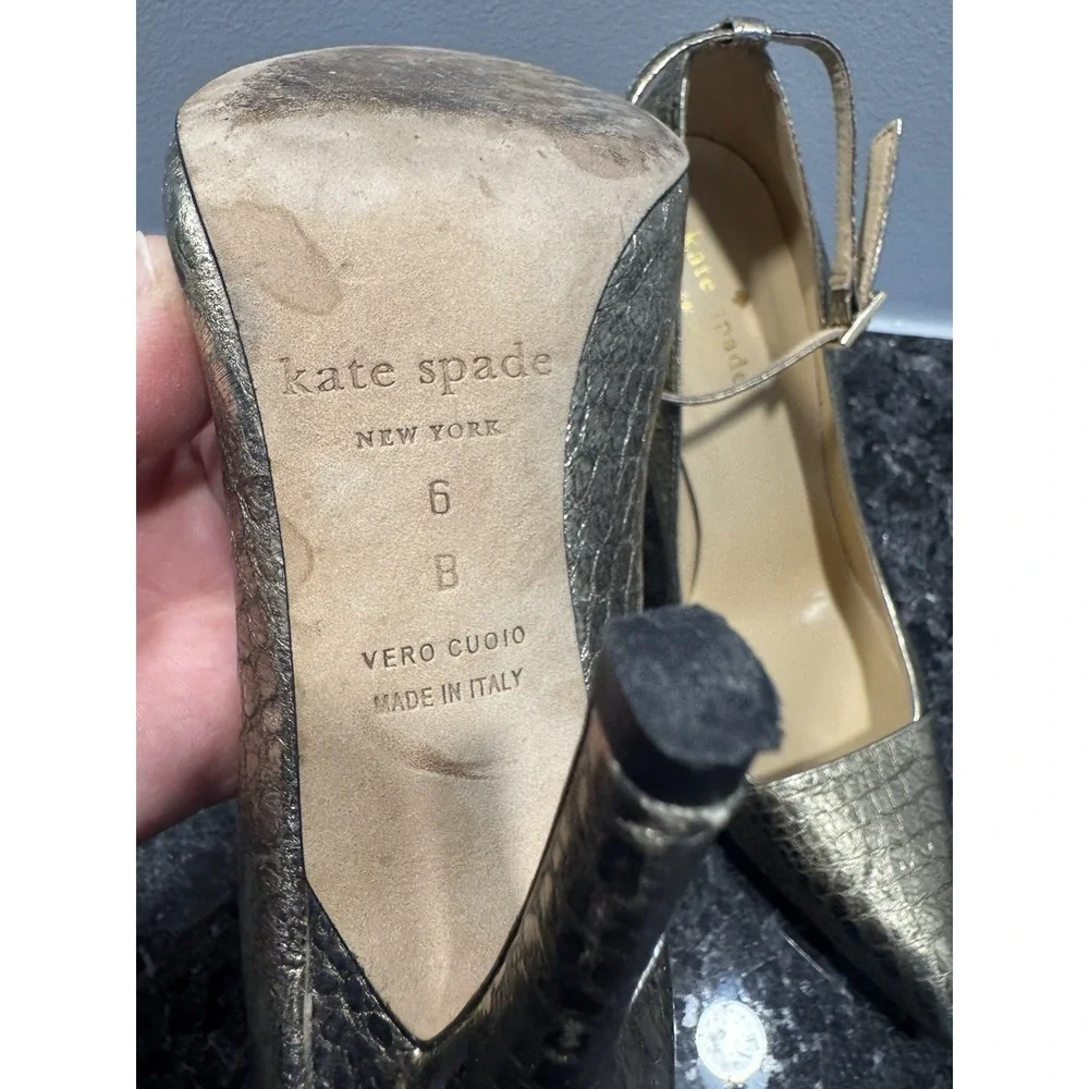 Kate Spade Women‎ Size 6 Gold Snake skin Pattern Ankle Strap Pointed heels 3.5”